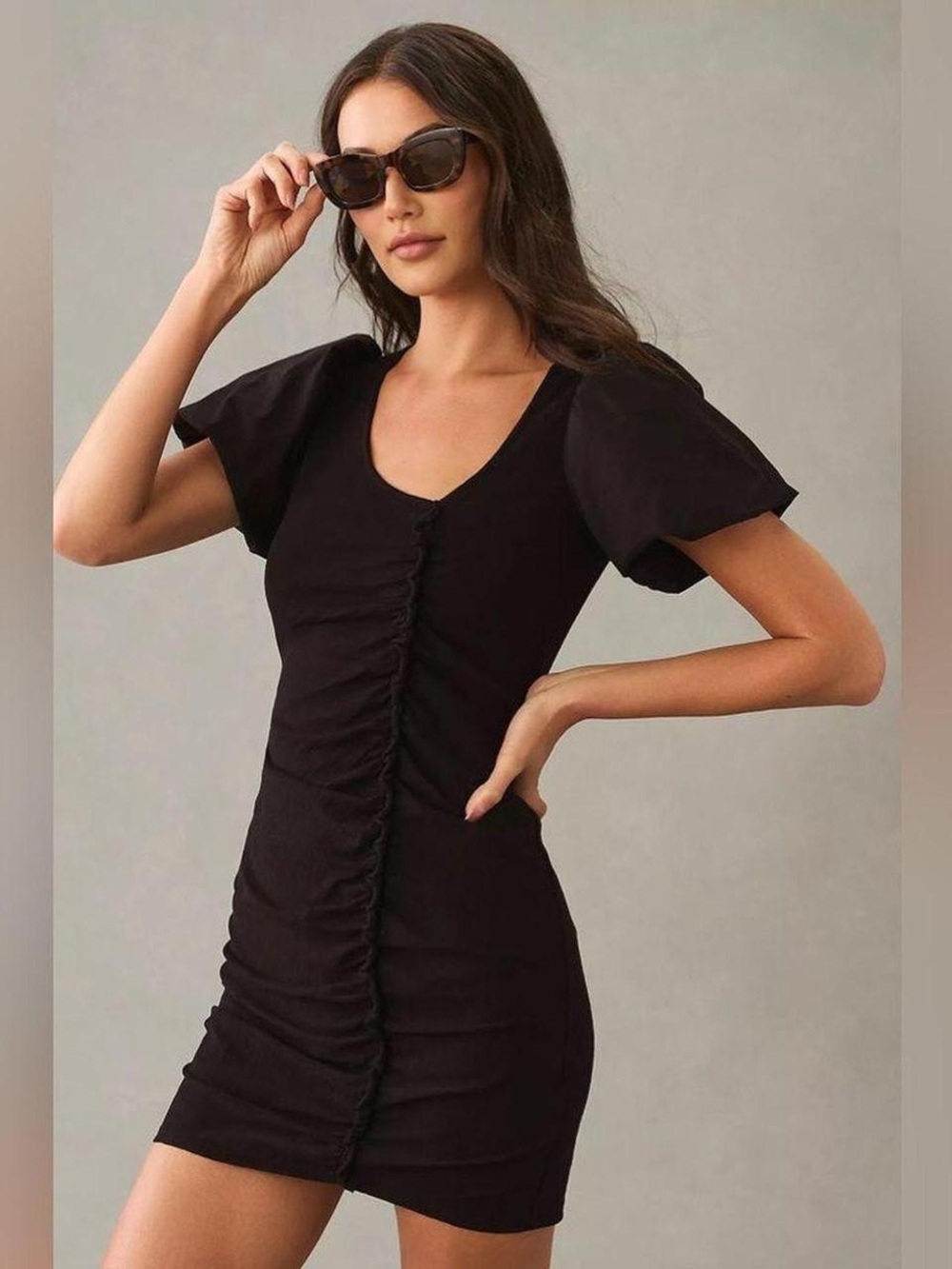 Nation LTD Black Sydney Gathered Cotton Mini Dress Size Small